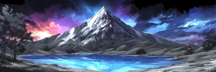 Obraz premium Majestic Mountainscape: A majestic mountain range, its snow-capped peaks piercing a sky ablaze with hues of twilight, overlooks a serene lake, creating a vista of breathtaking beauty.