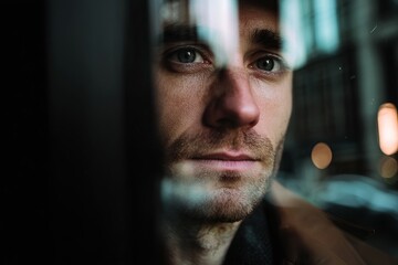 A close-up portrait of a man with a beard, looking thoughtfully through a window.