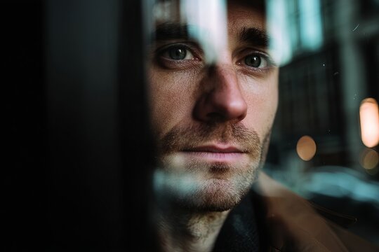 A close-up portrait of a man with a beard, looking thoughtfully through a window. - Powered by Adobe