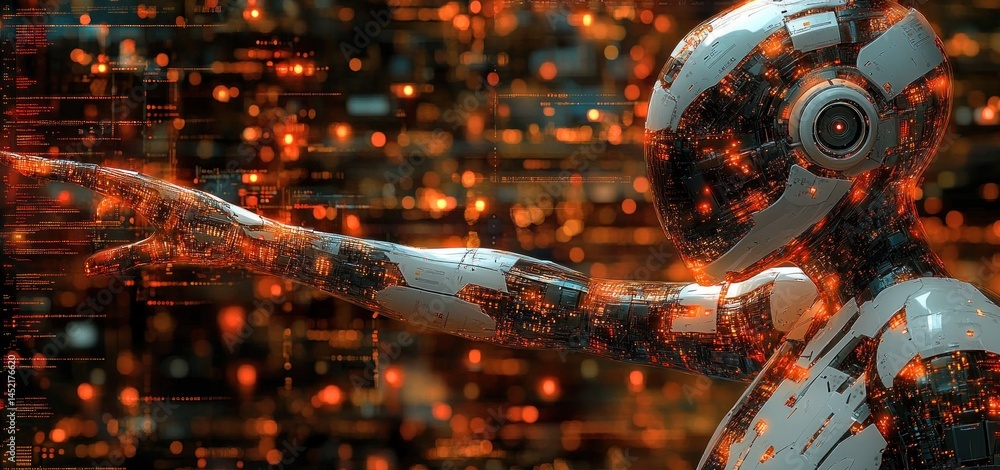 Poster cybernetic being interacting with digital data stream