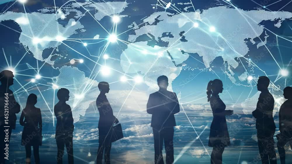Poster visual representation of diverse individuals connecting within a global network. the image symbolize