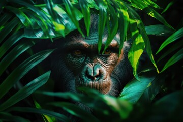 Obraz premium Intense gaze of a monkey peeking through lush tropical leaves in a vibrant jungle setting captures a moment of natural beauty and emotional depth
