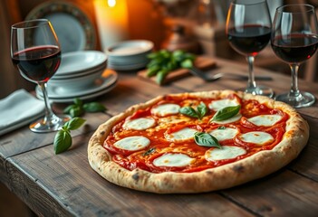 Italian-inspired still life of a Margherita pizza with wine and basil