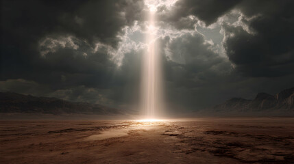 Ethereal light descends upon a desolate landscape illuminating clouds and revealing a hidden world