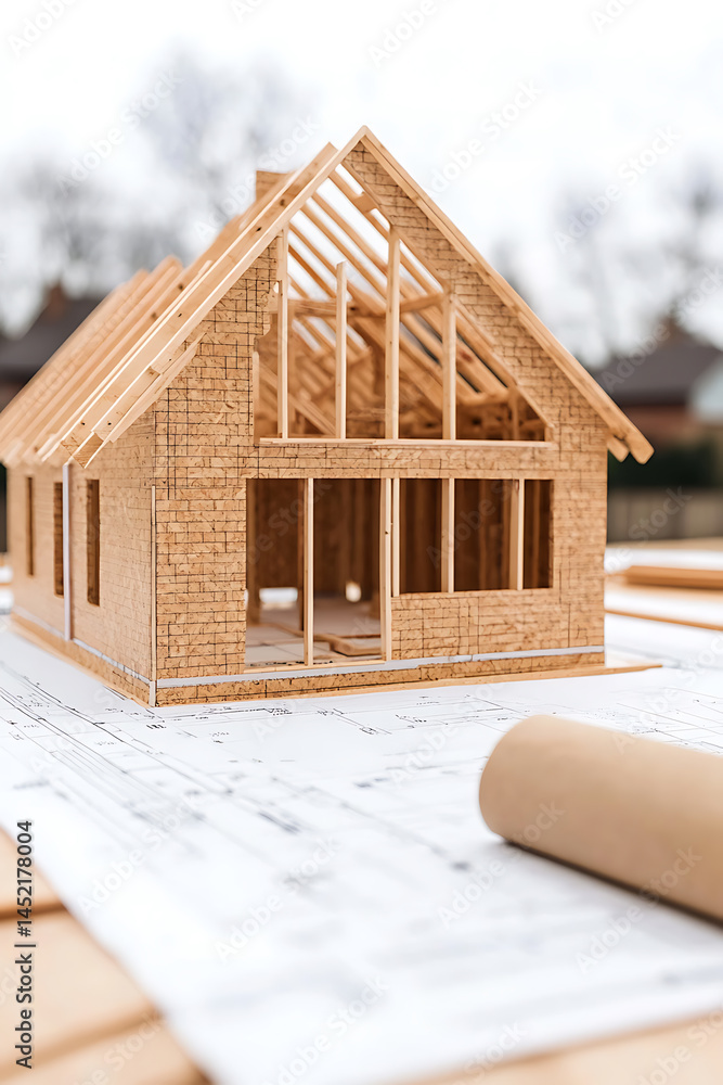 Poster blueprint for a new home design and construction process; architectural plans with a model home; pla