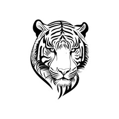 Majestic tiger head illustration with bold monochrome stripes and expressive gaze