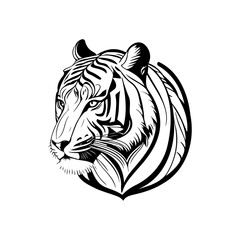 Striking monochrome tiger portrait illustration exhibiting bold line work design