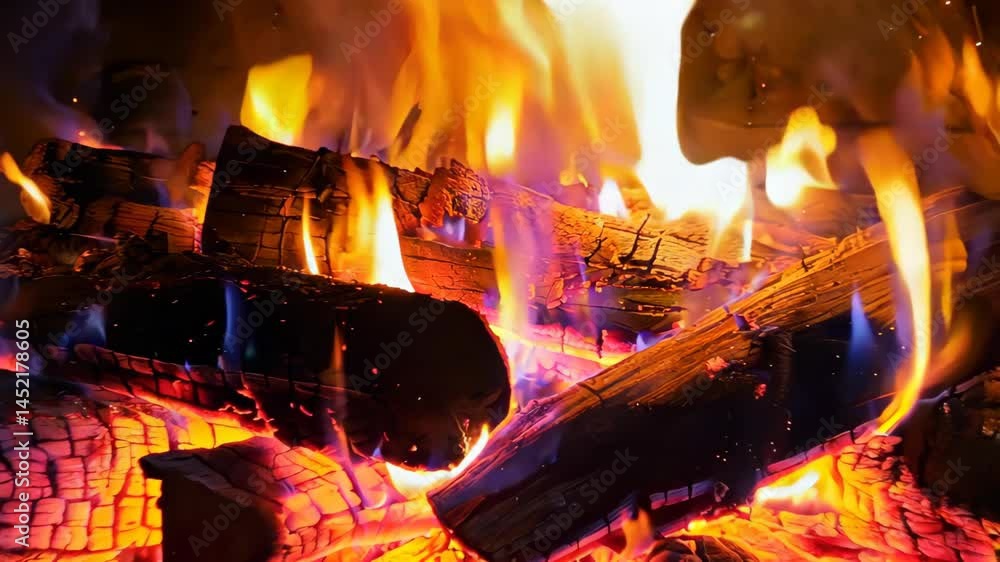 Poster a vibrant close-up view of flames dancing above logs, creating a warm and inviting atmosphere. perfe