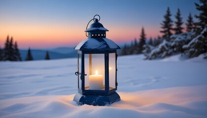 A cozy candle lantern lights up a snowy winter landscape at dusk, creating a tranquil scene.
