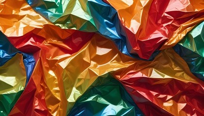 Striking abstract artwork displays a collection of colorful, folded, and shiny surfaces.