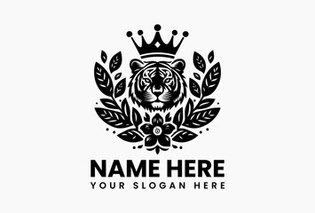 Tiger head wearing a crown of roses and thorns, royal vector emblem for luxury fashion and combat sports  
