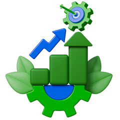 Green bar chart with arrow and gear symbolizing sustainable development and growth success.