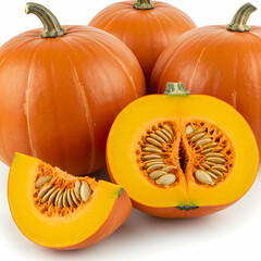A group of pumpkins with one cut in half and a slice showing seeds and pulp on a white background