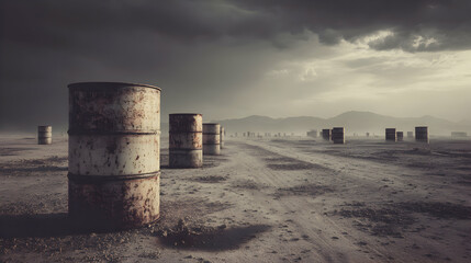Barrels amidst a wasteland under a stormy sky evoke a sense of desolation and post apocalyptic atmosphere