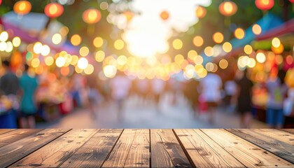 Night Market Ambiance: Wooden planks in the foreground provide a rustic platform, ideal for showcasing products or displaying text.
