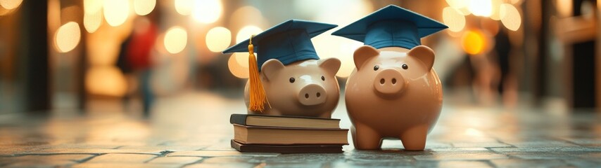 Piggy banks with graduation caps, symbolizing financial savings for education