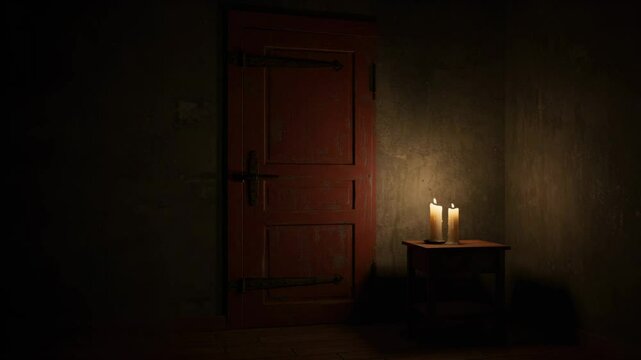 creepy empty room with a red door and a candle