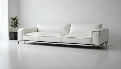 A sleek white sofa sits in a minimalist, brightly lit room with a touch of greenery.