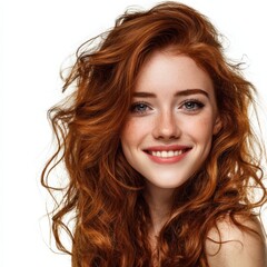 Fototapeta premium Beautiful Redhead Woman with Freckles Smiling Joyfully A Portrait of Natural Beauty and Healthy Hair