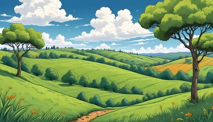 Fototapeta premium A picturesque cartoon landscape with rolling green hills and trees under a bright blue sky.