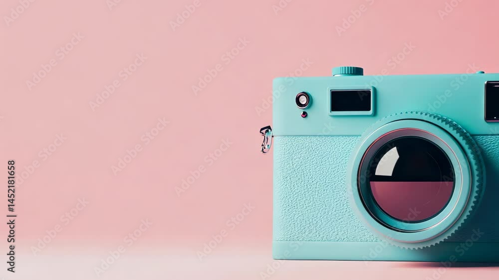 Poster a stylish retro green camera placed on a soft pink background, creating a playful and inviting atmos