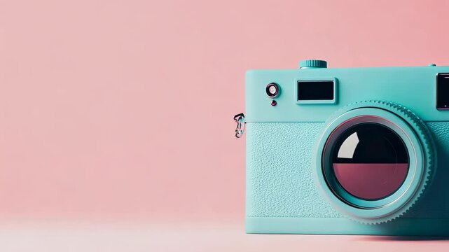 A stylish retro green camera placed on a soft pink background, creating a playful and inviting atmosphere. Ideal for creative photography projects.