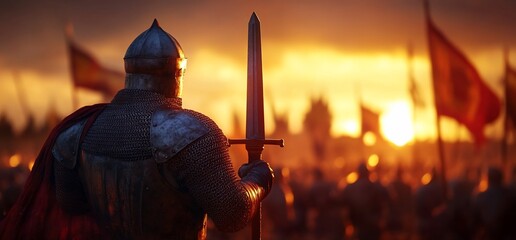 Knight stands before battlefield holding sword at dawn, poised for war