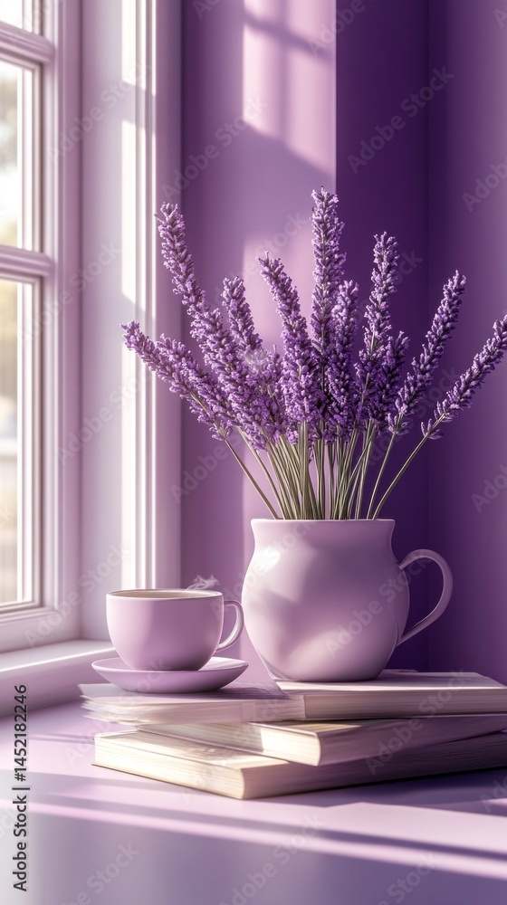 Poster A serene tableau features a delicate lavender bouquet in a matching pitcher placed on stacked books near a sunlit window