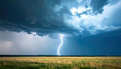 Fototapeta premium Storm's Fury Over the Plains: A breathtaking display of nature's power unfolds, a vivid depiction of a powerful storm casting a bolt of lightning onto the horizon.