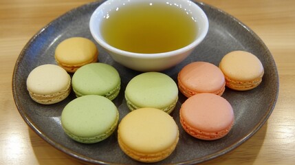 Obraz premium Pastel Macarons and Tea: A Delightful Afternoon Treat