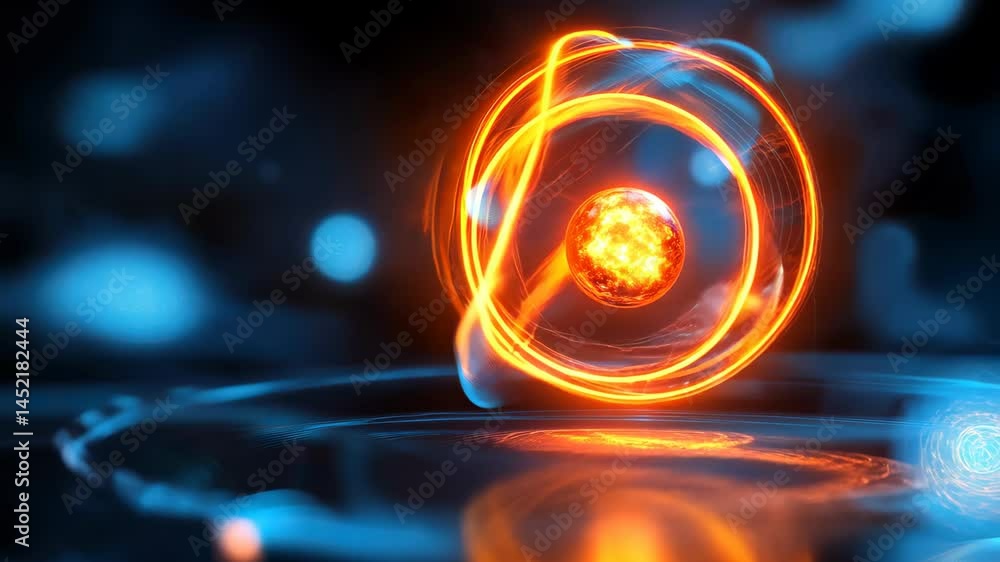 Poster a stunning atomic structure is represented with glowing orbits and a bright nucleus. this digital ar