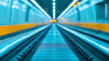 A futuristic, blue-toned view of a moving walkway or travelator in an underground tunnel, with yellow safety rails and lights in the distance.