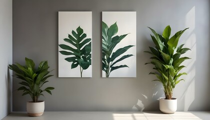 A minimalist interior features a combination of plants and artwork against a gray wall, elegant.