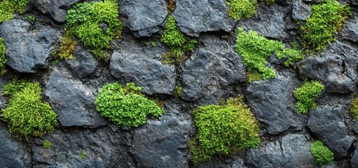 Stone Wall with Lush Green Moss Patches