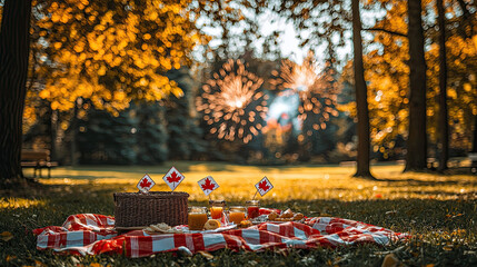 Festive picnic in autumn park with fireworks