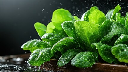 This image captures fresh, vibrant green leafy vegetables being gently sprinkled with water, showcasing their glossy texture and enhancing their freshness and appeal.