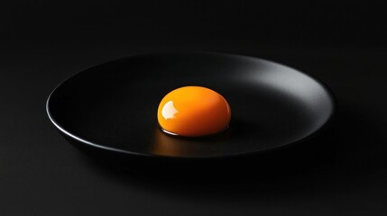 Close-up of a single orange egg on a black plate. the egg is in the center of the plate, with its yolk still intact and the white yolk visible. the plate is round and has a smooth surface.