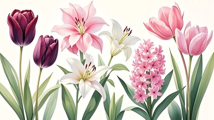 Obraz premium set of spring flowers on an isolated white background, burgundy tulips, lily, hyacinths, watercolor illustration, botanical painting, hand drawing