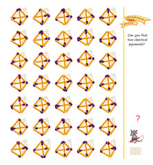 Can you find two identical pyramids? Logic puzzle for children and adults. Game Seek and Find with matchsticks. Brain teaser book. Task for attentiveness. Develop spatial thinking. Vector drawing.