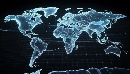 A glowing wireframe world map hovers above a grid, radiating light and connectivity, global scope
