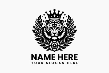Regal tiger head with golden crown and floral decorations in elegant vector logo, symbolizing strength, royalty, and nature for premium branding  