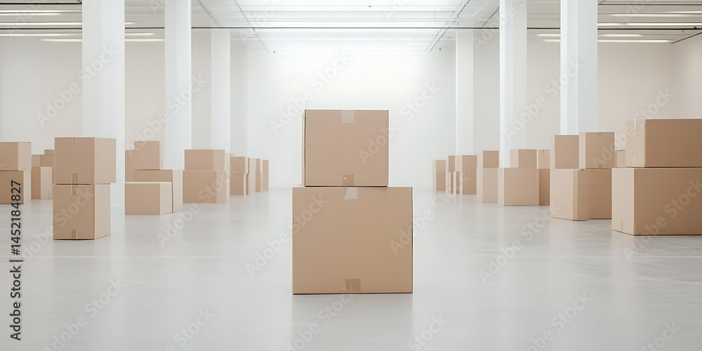 Poster minimalist view of cardboard boxes placed neatly in an expansive, all-white room. rows of boxes conv