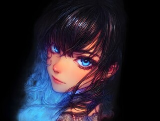 Fototapeta premium Mysterious Gaze: A young girl with striking blue eyes gazes into the distance, her dark hair and glowing complexion contrasting against the surrounding darkness, evoking a sense of depth and allure.