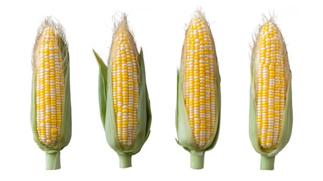 Four ears of bicolor corn in husks with silks isolated on black backdrop