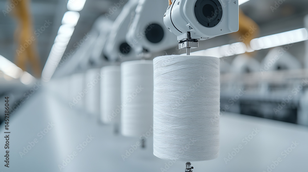 Poster robotic yarn winding in a textile factory. automated process ensuring precision and efficiency in ma