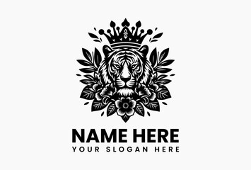 Regal tiger head with golden crown and floral decorations in elegant vector logo, symbolizing strength, royalty, and nature for premium branding  