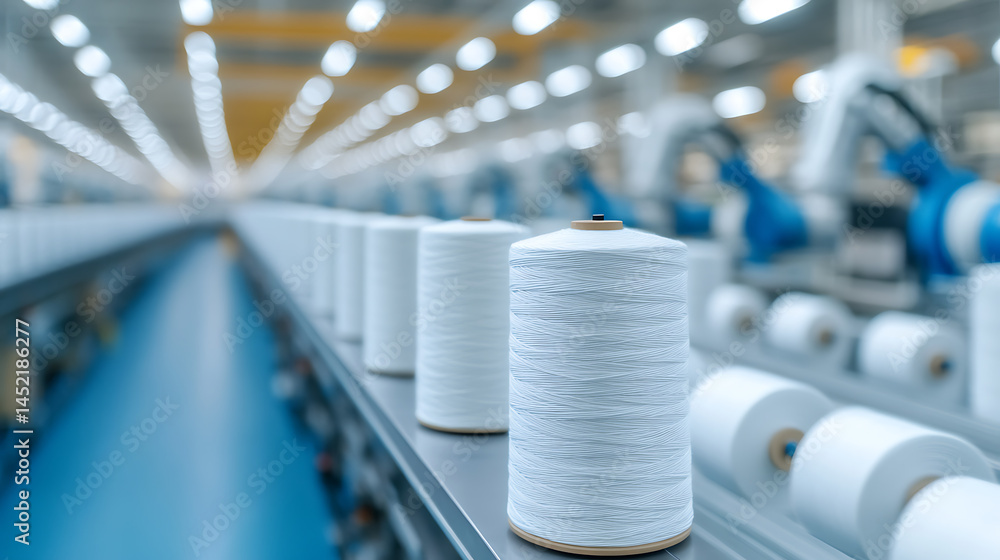 Poster automated textile production: row of spools with precision weaving on conveyor. efficient manufactur
