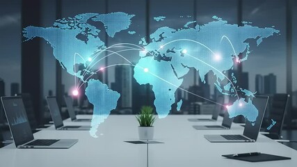 Global network overlaying office scene. - Powered by Adobe