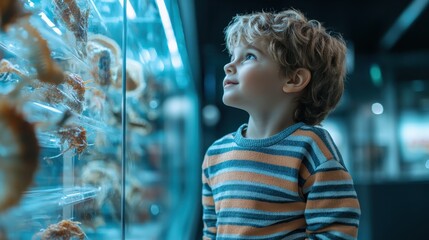 A young, curly-haired boy gazes in awe at a display of fascinating sea creatures in a museum, capturing the essence of childhood wonder and the joy of learning.