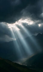 Rays of Luminosity Pierce Ominous Skies Casting Ethereal Glow Across Undulating Mountainside Landscape Scenery
